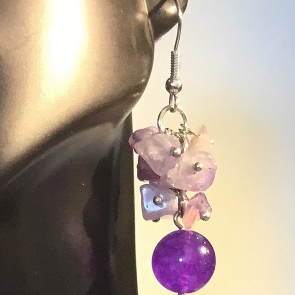 Amethyst Nugget and Purple Stone Drop Pierced Earrings - Picture 1 of 3